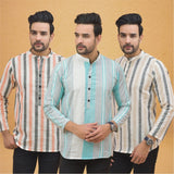 Combo of 3 Men Kurtas Stripe Cotton Handloom Green Beige and Peach