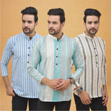 Combo of 3 Men Kurtas Stripe Cotton Handloom Green Beige and Sky Blue