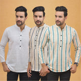 Combo of 3 Men Kurtas Stripe Cotton Handloom Green Beige and White