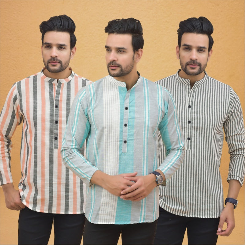Combo of 3 Men Kurtas Stripe Cotton Handloom Green Gray and Peach