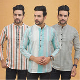 Combo of 3 Men Kurtas Stripe Cotton Handloom Green Gray and Peach