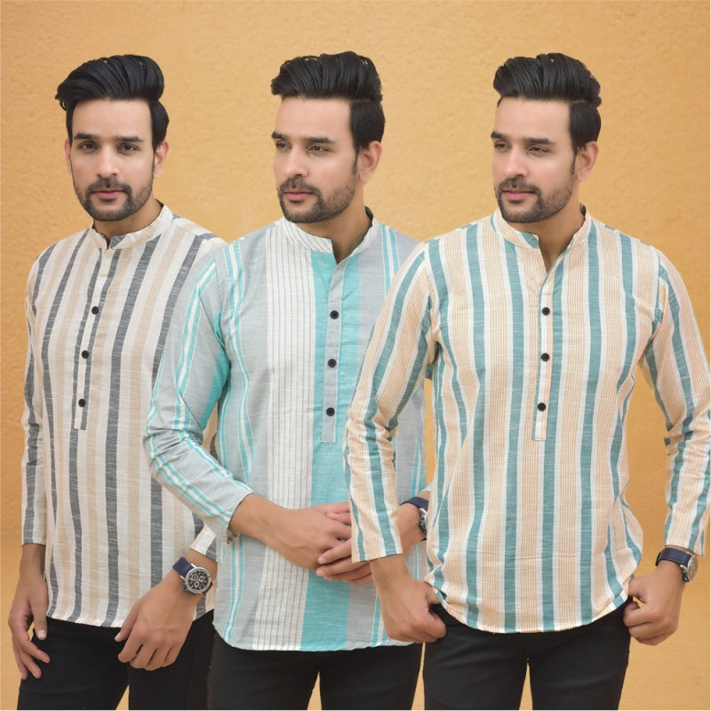 Combo of 3 Men Kurtas Stripe Cotton Handloom Green Green and Beige