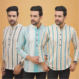 Combo of 3 Men Kurtas Stripe Cotton Handloom Green Green and Beige