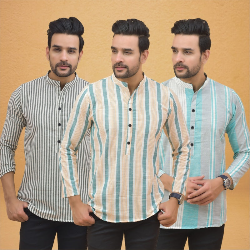 Combo of 3 Men Kurtas Stripe Cotton Handloom Green Green and Gray