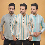 Combo of 3 Men Kurtas Stripe Cotton Handloom Green Green and Gray