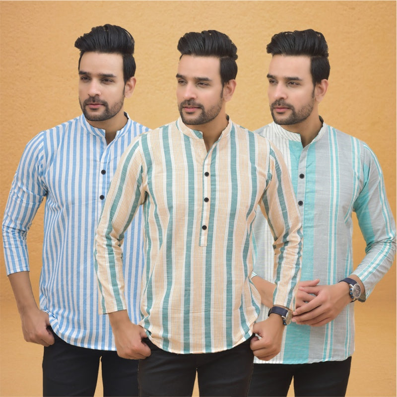 Combo of 3 Men Kurtas Stripe Cotton Handloom Green Green and Sky Blue