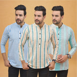 Combo of 3 Men Kurtas Stripe Cotton Handloom Green Green and Sky Blue