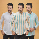 Combo of 3 Men Kurtas Stripe Cotton Handloom Green Green and White