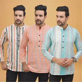 Combo of 3 Men Kurtas Stripe Cotton Handloom Green Peach and Peach