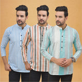 Combo of 3 Men Kurtas Stripe Cotton Handloom Green Peach and Sky Blue