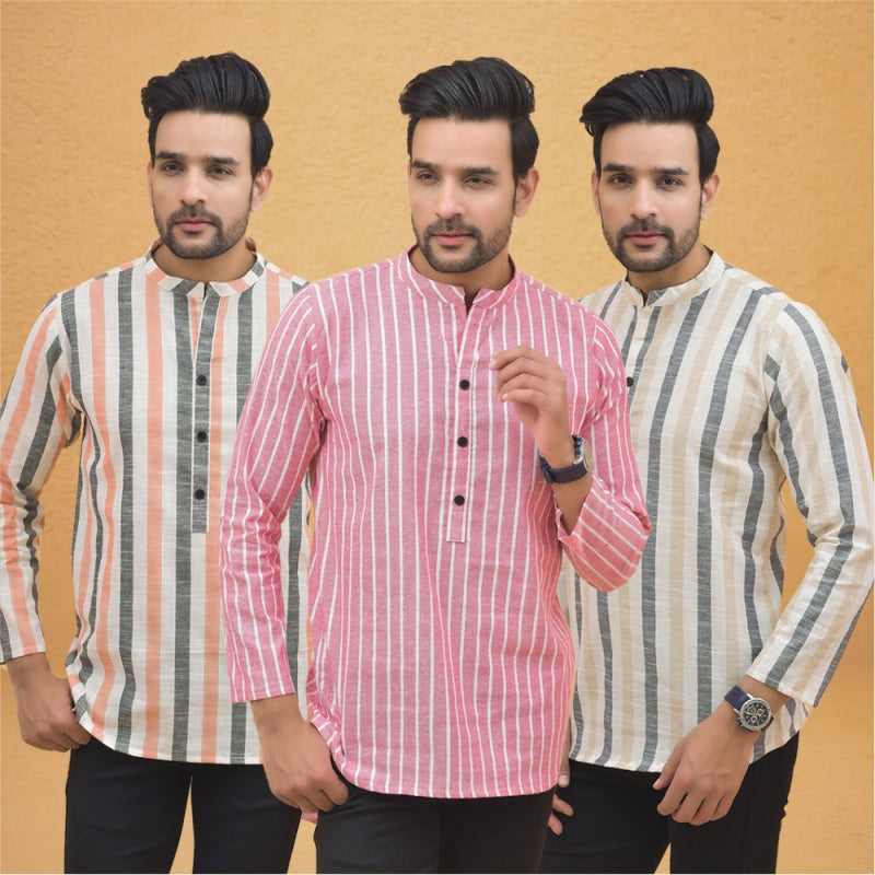 Combo of 3 Men Kurtas Stripe Cotton Handloom Pink Beige and Sky Blue