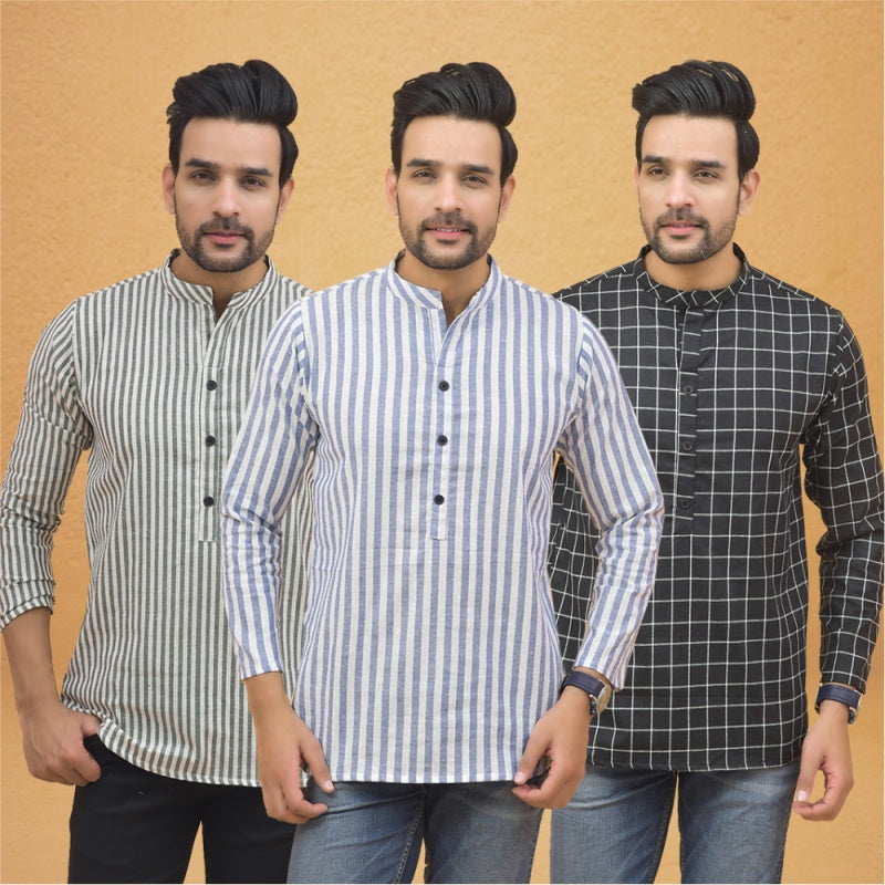 Combo of 3 Men Kurtas Stripe Cotton Handloom Sky Blue Black and Gray