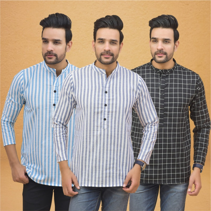 Combo of 3 Men Kurtas Stripe Cotton Handloom Sky Blue Black and Sky Blue