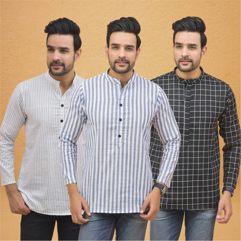 Combo of 3 Men Kurtas Stripe Cotton Handloom Sky Blue Black and White