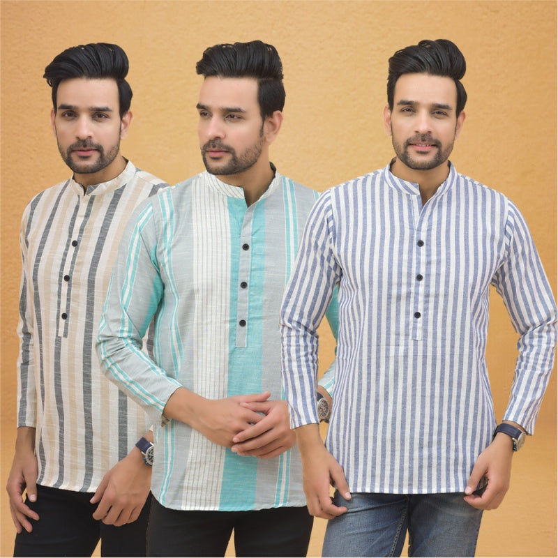 Combo of 3 Men Kurtas Stripe Cotton Handloom Sky Blue Green and Beige