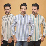 Combo of 3 Men Kurtas Stripe Cotton Handloom Sky Blue Green and Beige