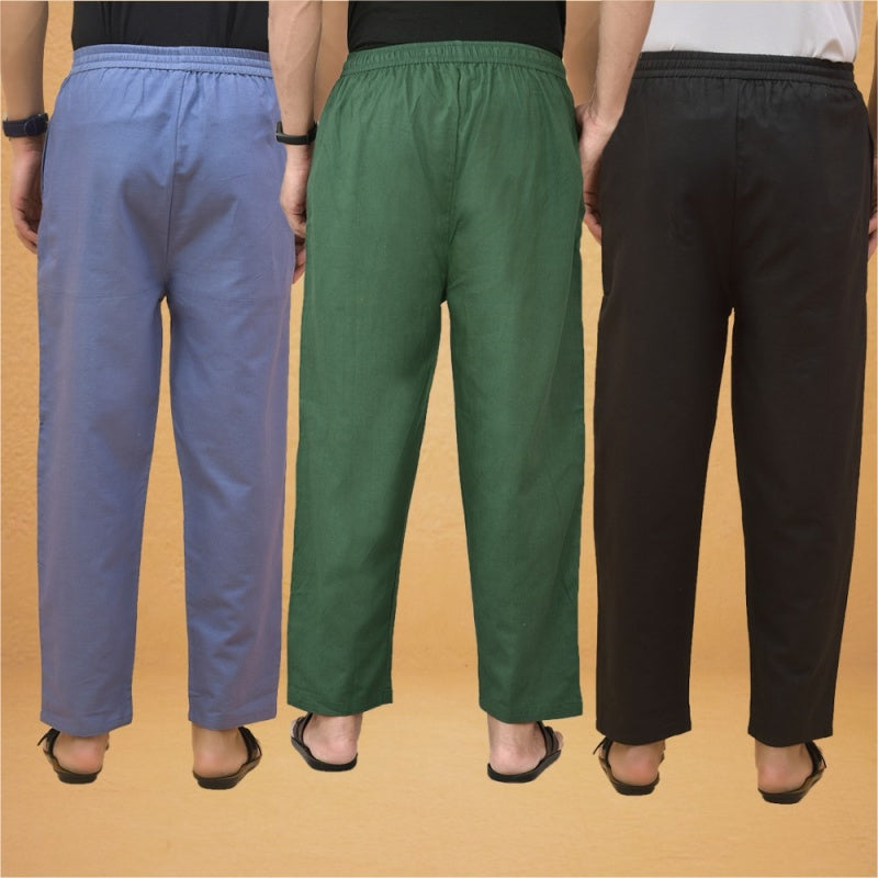 Combo of 3 Men Solid Cotton Flex Pant Bottle Green Black and Sky Blue