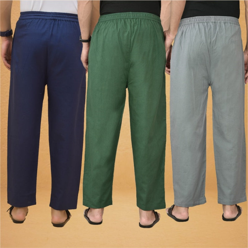 Combo of 3 Men Solid Cotton Flex Pant Bottle Green Gray and Navy Blue