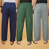 Combo of 3 Men Solid Cotton Flex Pant Bottle Green Gray and Navy Blue