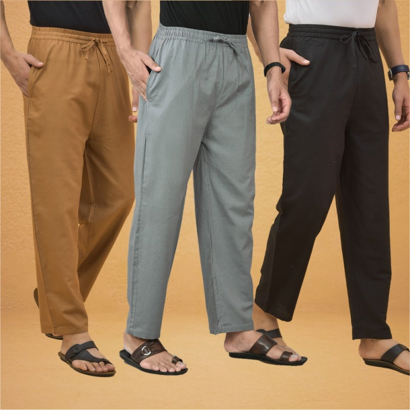 Combo of 3 Men Solid Cotton Flex Pant Gray Black and Brown