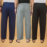 Combo of 3 Men Solid Cotton Flex Pant Gray Black and Navy Blue