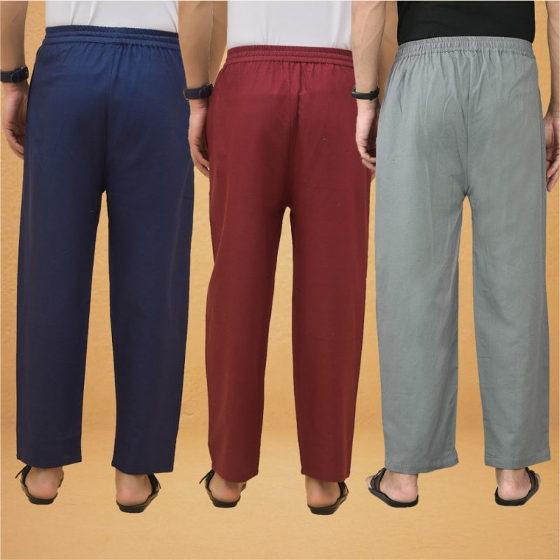 Combo of 3 Men Solid Cotton Flex Pant Gray Maroon and Navy Blue