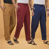 Combo of 3 Men Solid Cotton Flex Pant Maroon Navy Blue and Brown