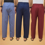 Combo of 3 Men Solid Cotton Flex Pant Maroon Navy Blue and Sky Blue