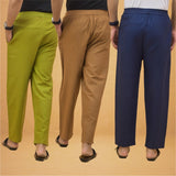 Combo of 3 Men Solid Cotton Flex Pant Navy Blue Brown and Olive Green