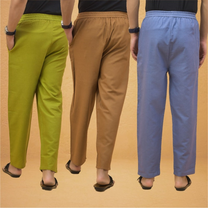 Combo of 3 Men Solid Cotton Flex Pant Sky Blue Brown and Olive Green