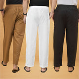 Combo of 3 Men Solid Cotton Flex Pant White Black and Brown
