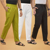 Combo of 3 Men Solid Cotton Flex Pant White Black and Olive Green