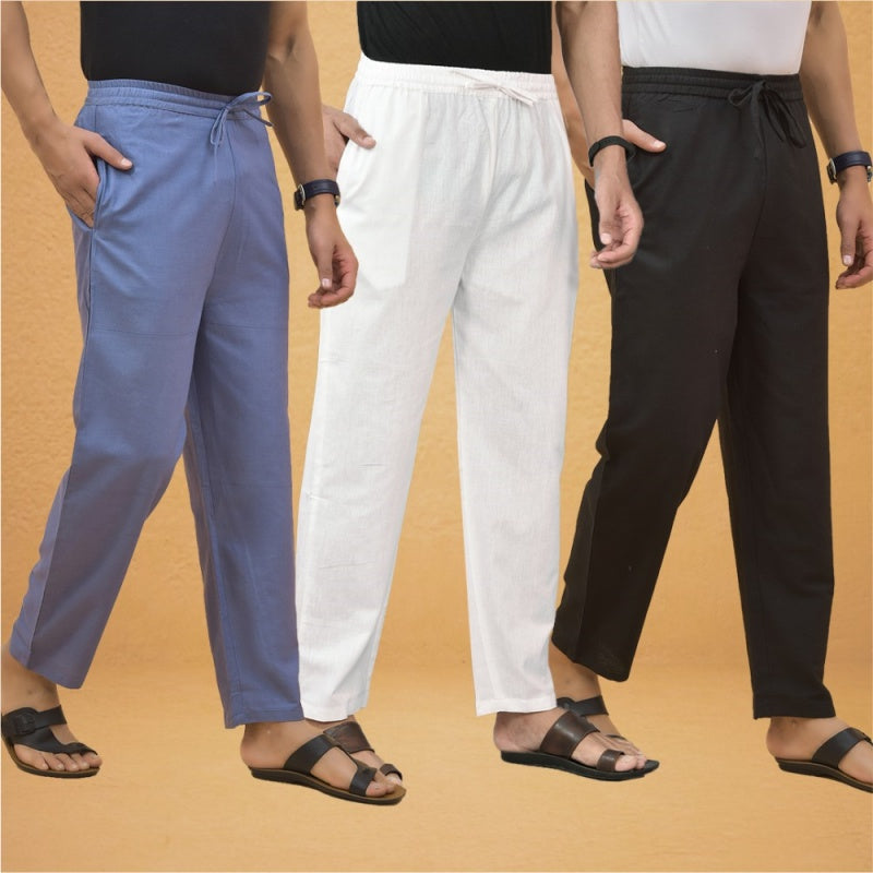 Combo of 3 Men Solid Cotton Flex Pant White Black and Sky Blue