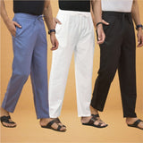Combo of 3 Men Solid Cotton Flex Pant White Black and Sky Blue