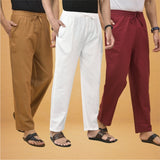 Combo of 3 Men Solid Cotton Flex Pant White Maroon and Brown-