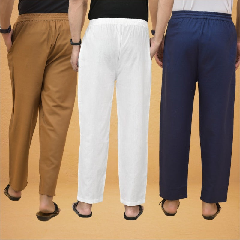 Combo of 3 Men Solid Cotton Flex Pant White Navy Blue and Brown