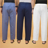 Combo of 3 Men Solid Cotton Flex Pant White Navy Blue and Sky Blue