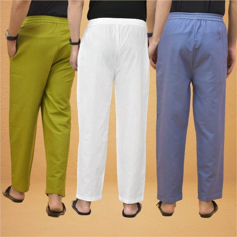 Combo of 3 Men Solid Cotton Flex Pant White Sky Blue and Olive Green