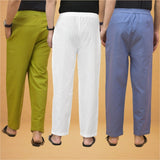 Combo of 3 Men Solid Cotton Flex Pant White Sky Blue and Olive Green