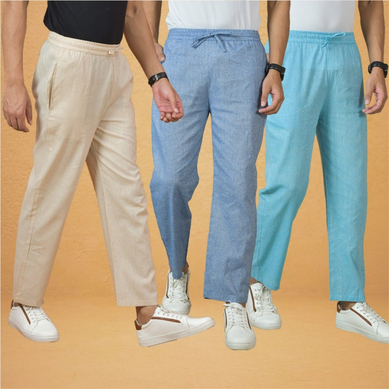 Combo of 3 Men Solid Cotton Handloom Pant Denim Sky Blue and Cream-
