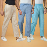 Combo of 3 Men Solid Cotton Handloom Pant Denim Sky Blue and Cream-