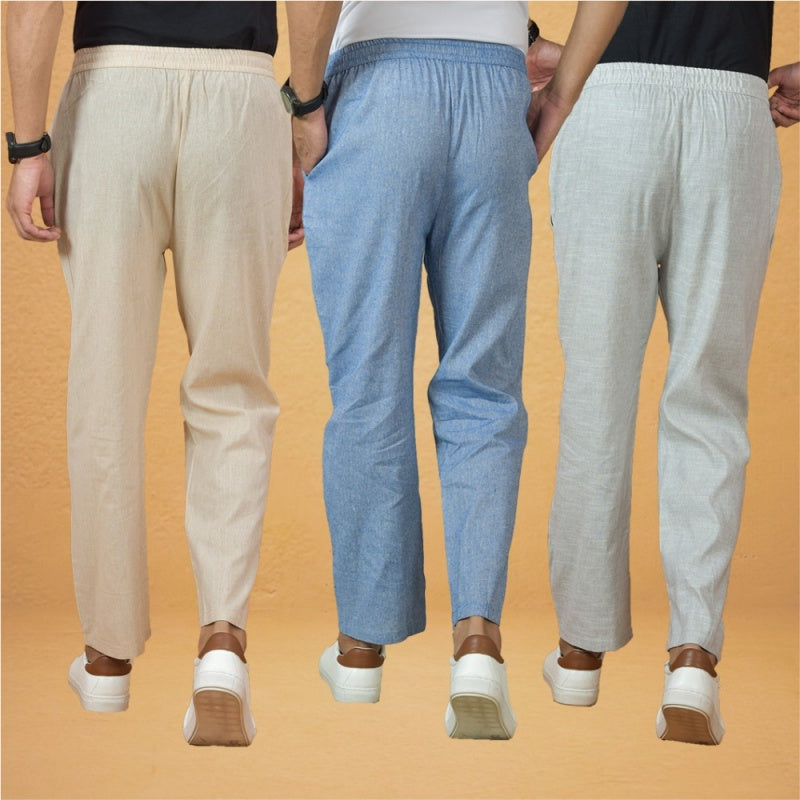 Combo of 3 Men Solid Cotton Handloom Pant Denim White and Beige