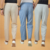 Combo of 3 Men Solid Cotton Handloom Pant Denim White and Beige