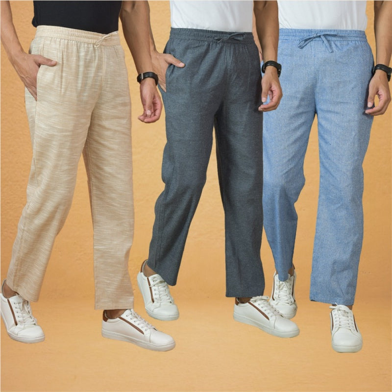 Combo of 3 Men Solid Cotton Handloom Pant Gray Denim and Beige