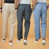 Combo of 3 Men Solid Cotton Handloom Pant Gray Denim and Beige