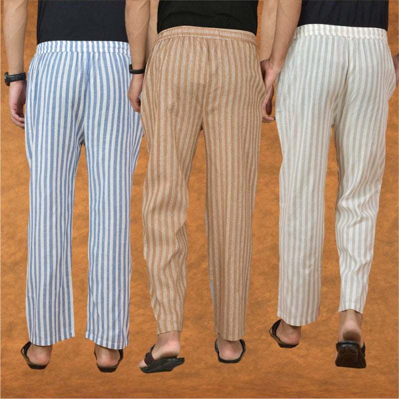 COMBO OF 3 MEN STRIPE COTTON HANDLOOM PANT BEIGE BEIGE AND BLUE