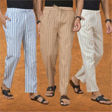 COMBO OF 3 MEN STRIPE COTTON HANDLOOM PANT BEIGE BEIGE AND BLUE