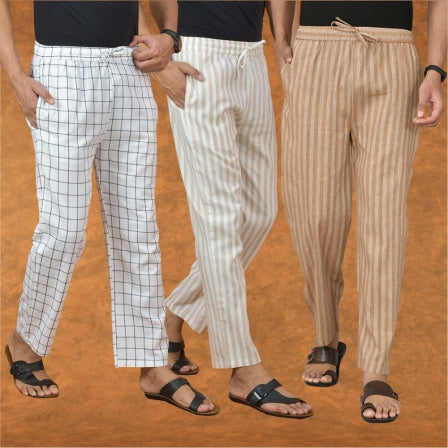 COMBO OF 3 MEN STRIPE COTTON HANDLOOM PANT BEIGE BEIGE AND WHITE-