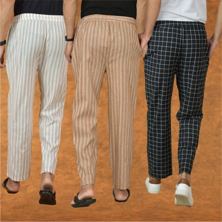 COMBO OF 3 MEN STRIPE COTTON HANDLOOM PANT BEIGE BLACK AND BEIGE