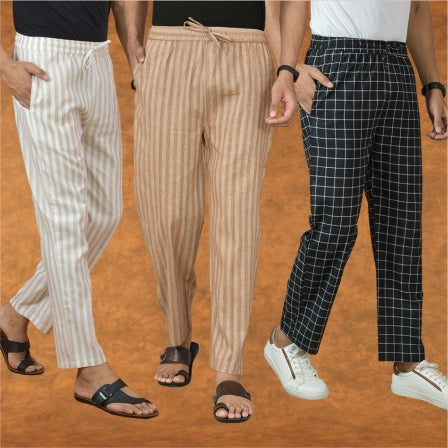 COMBO OF 3 MEN STRIPE COTTON HANDLOOM PANT BEIGE BLACK AND BEIGE